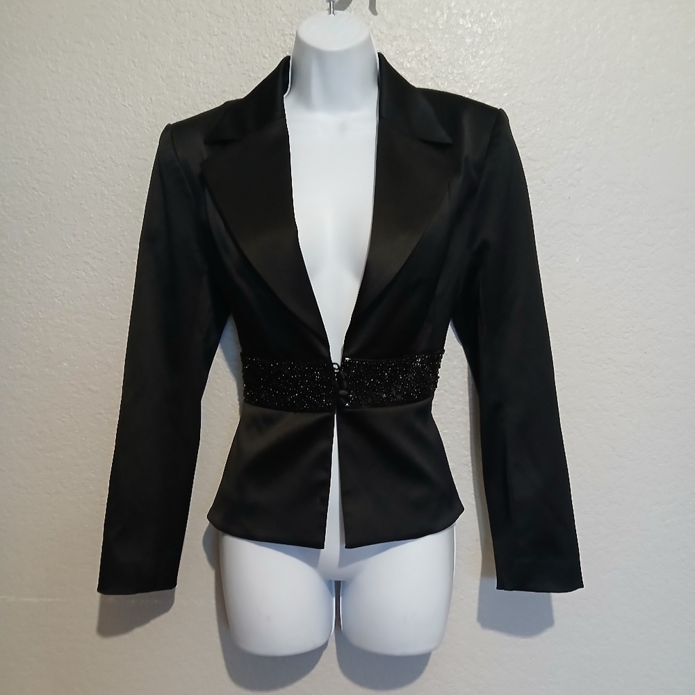 Carlo Giovanni Italian Satin Sequin Beaded Tailored Fitted Tuxedo Blazer Jacket